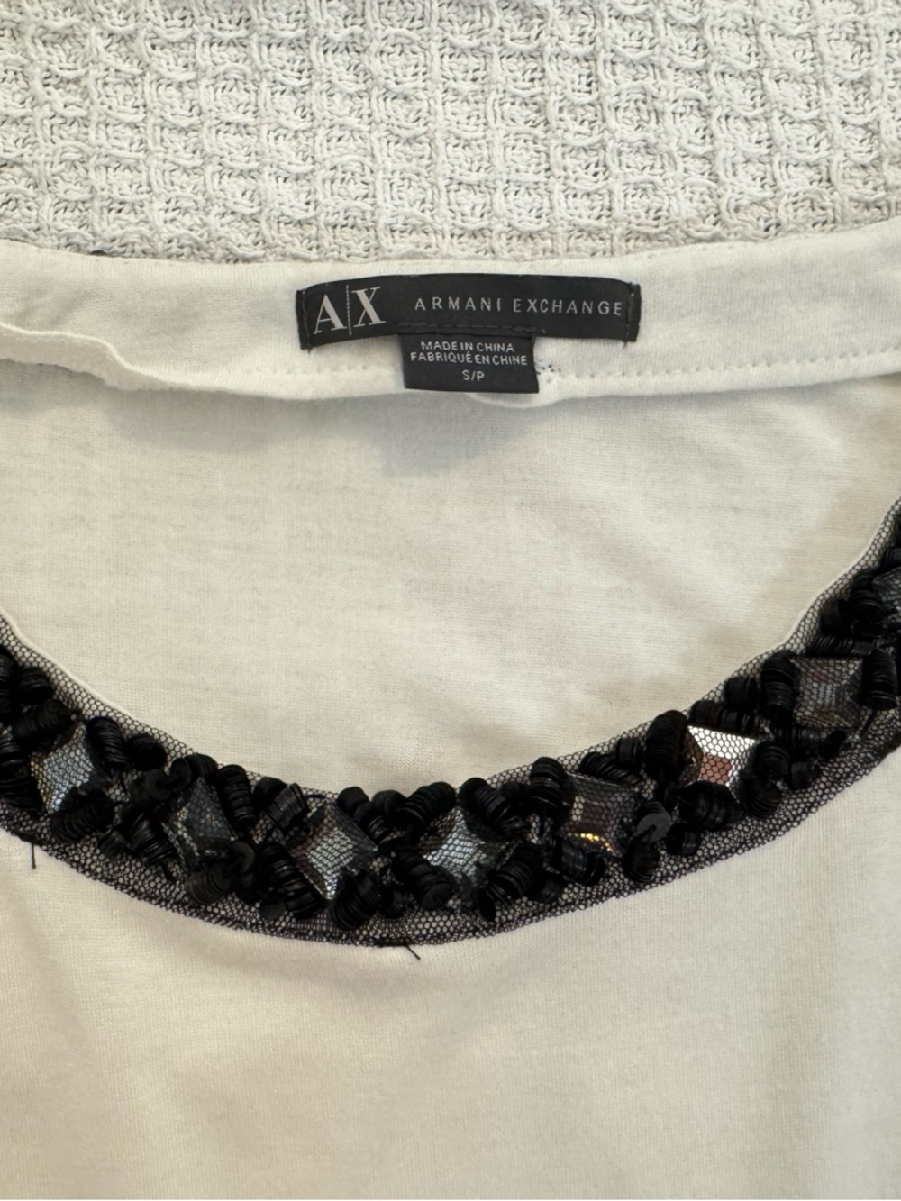 A|X Armani Exchange White Sleeveless Top Black Sequin Embellished Neckline S P - Picture 10 of 10